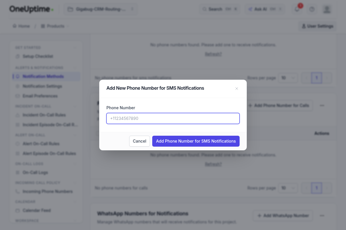 OneUptime notification methods page showing the phone number field and verification step